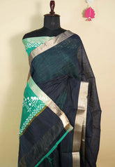 Navy Blue - Handmade jute tussar silk saree with handblock prints